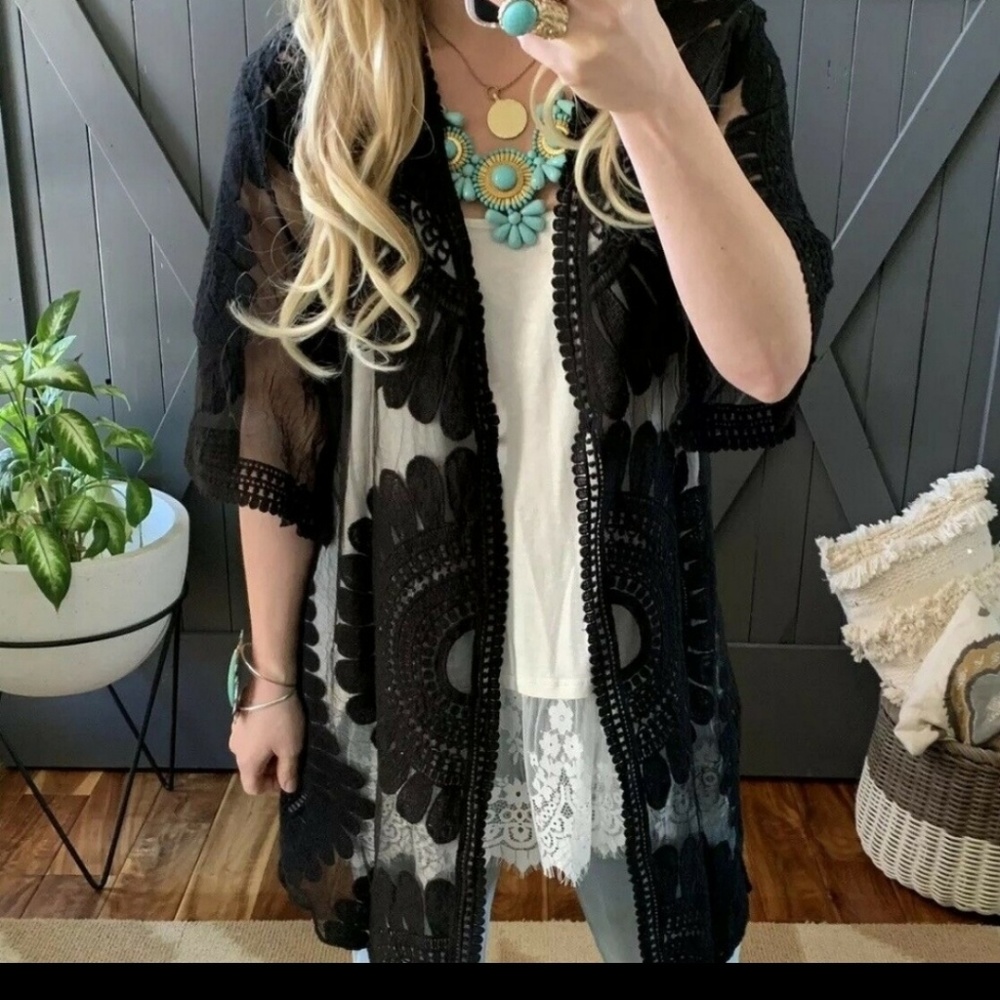 Eyelet Lace  Duster Jacket Black